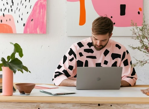Personne travaillant sur ordinateur dans un bureau coloré